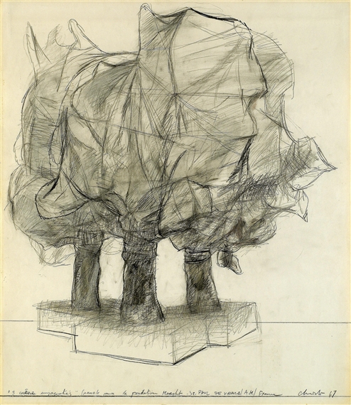 Christo, "Trois chênes empaquetés : projet pour la Fondation Maeght à St Paul de Vence", 1967 - dessin au crayon, fusain et lavis sur papier - Collection Géotec, achat 2011